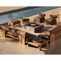 Outdoor Lounge Set Designed for Premium Gatherings, Solid Teak Frames, Concrete Firepit, Modular Layout